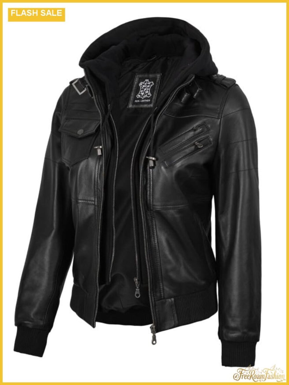 Real Lambskin Hooded Leather Bomber Jacket Women Detachable Hood
